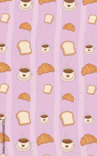Coffee and Bread Seamless Pattern Background with Croissants in Pastel Colors