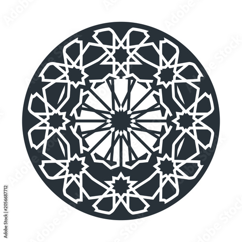 Islamic geometric pattern mandala, traditional arabic star ornament vector, black and white middle eastern motif icon