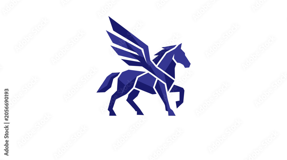 Obraz premium Stylized blue pegasus winged horse logo in geometric style.