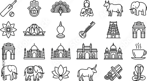 Schilderij op canvas India travel and culture landmarks line icon set featuring Taj Mahal temple cric