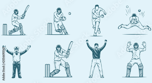 Φωτογραφία Cricket players action poses set featuring batsman bowler fielder and wicketkeep