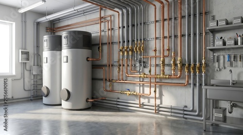 Industrial hot water heating system setup with large metal boilers and copper piping installed in modern plant utility room showing advanced mechanical infrastructure.
