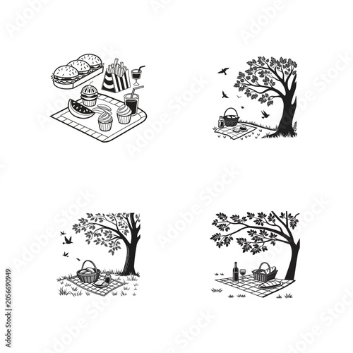 Outdoor Picnic Scene with Food and Basket Under Trees, Black and White Illustration