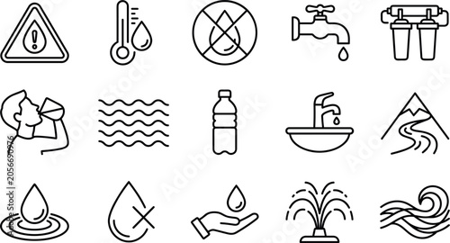Photos Water purification and consumption line icon set featuring filters taps drinking