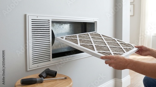Maintenance worker replacing dirty air filter inside residential wall return vent housing showing home ventilation system improvement for better indoor air quality.