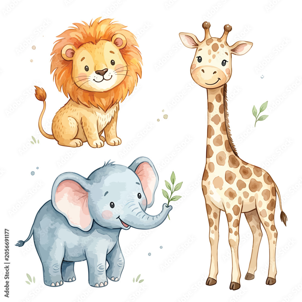 Fototapeta premium Cute cartoon lion, elephant and giraffe together