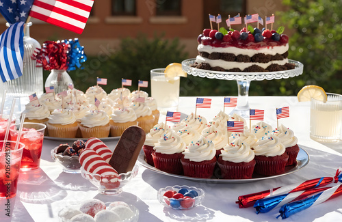 Patriotic dessert table with american flag decorations