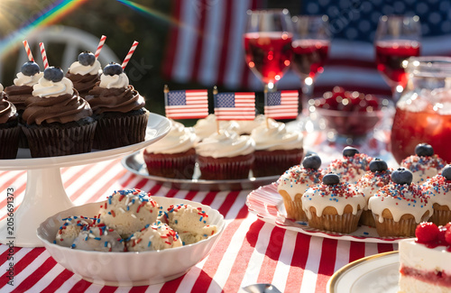 Patriotic dessert table with cupcakes and ice cream