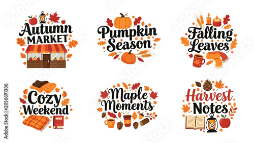 Obraz na płótnie Autumn Vibes Collection: A charming set of six circular designs celebrating autumn with iconic motifs like pumpkins, falling leaves, market stalls, cozy blankets, and harvest elements, all in a warm
