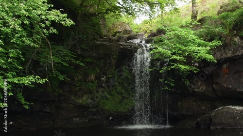 Scenic Waterfall Dropping into Dark Forest Pool