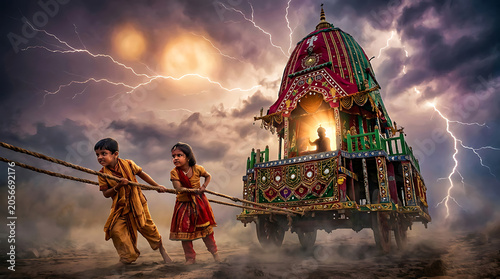 Young devotees pull ornate ratha yatra chariot with deity under stormy, lightning sky