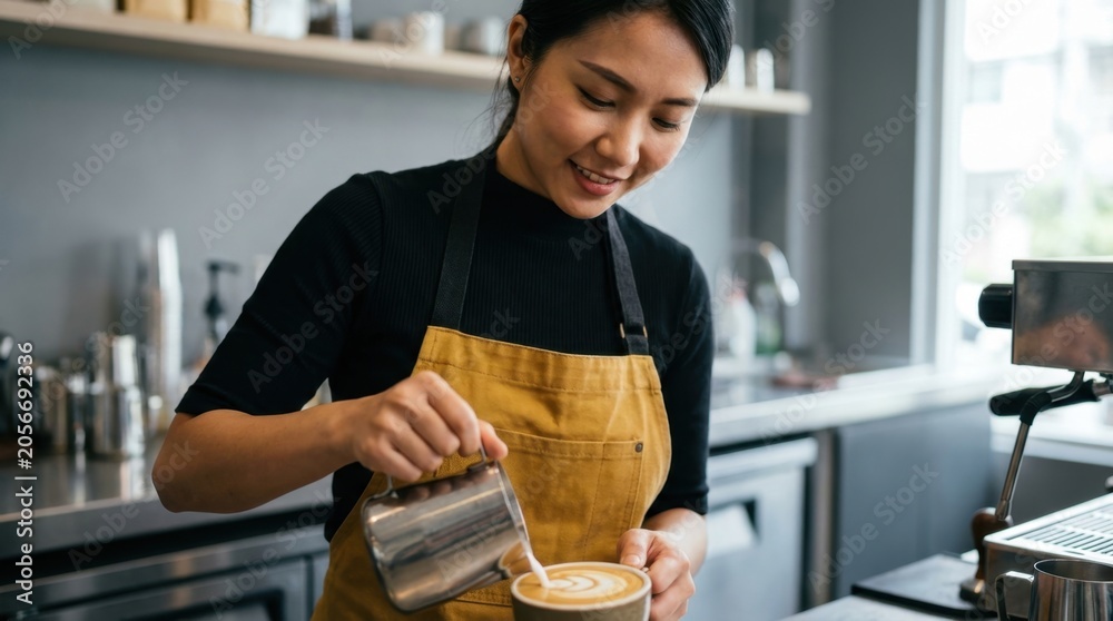 Fototapeta premium Barista pouring milk into coffee cup, creating latte art in a cafe setting.