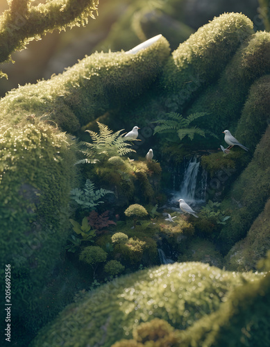 Enchanting forest grotto with white birds and cascading waterfall