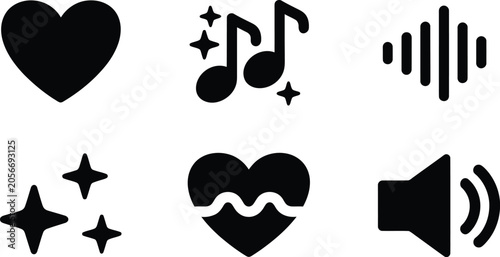 Music and love vector icons collection with simple flat black design elements including audio sound wave speaker and hearts.