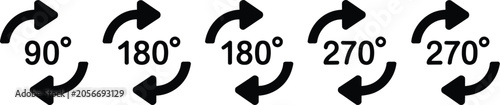 Vector rotation arrow icon set showing degrees ninety one hundred eighty two hundred seventy angle loop rotation isolated on white.