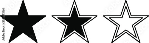 Five point star vector icon set with solid black outline and double stroke line variations isolated on white background.