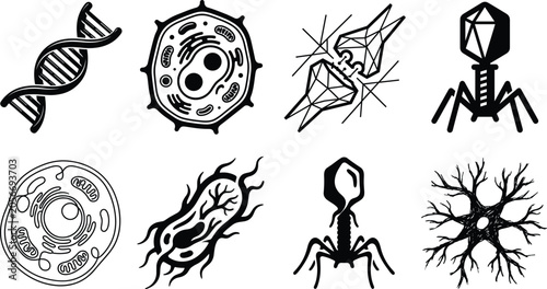 Fotografie Biology And Science Vector Icon Set Featuring DNA Strand Cell Anatomy Bacterioph