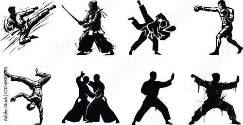 Bild auf Leinwand Black and white martial arts silhouette vector set featuring karate, judo, boxin