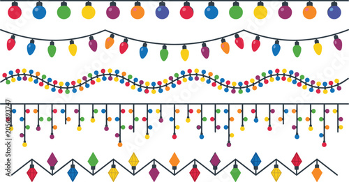 Christmas lights garland vector brush set with colorful festive hanging bulbs fairy string lights decoration for holiday party