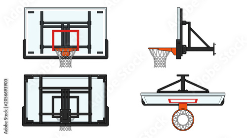 Basketball backboard sports equipment with front side rear and top views vector illustration
