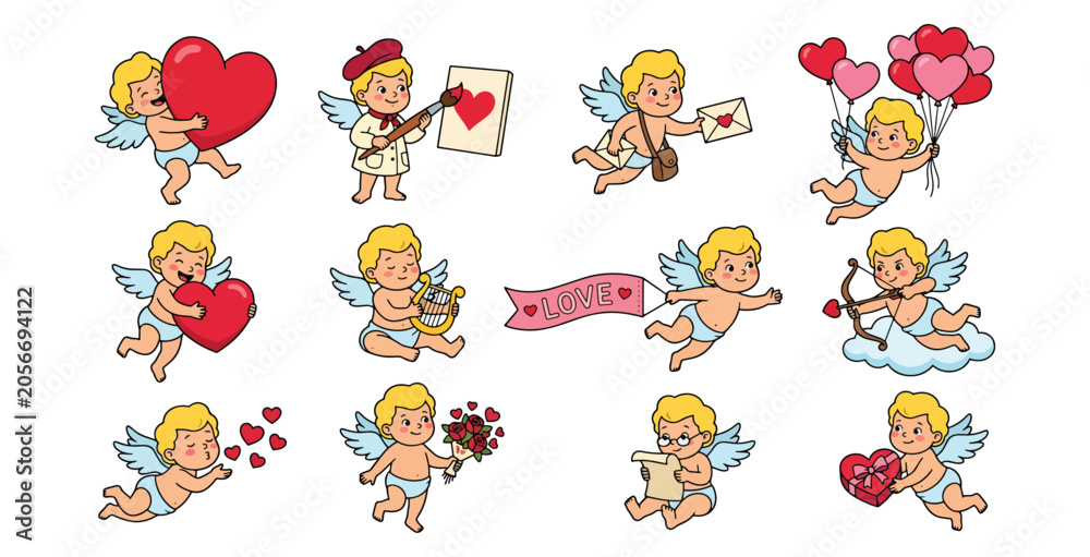 Fototapeta premium Set of cute cupid characters in various poses with valentine's day symbols.
