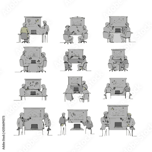 Office workers at desks in various positions.