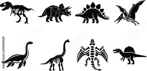 Photography Dinosaur silhouette and skeleton vector set featuring tyrannosaurus triceratops