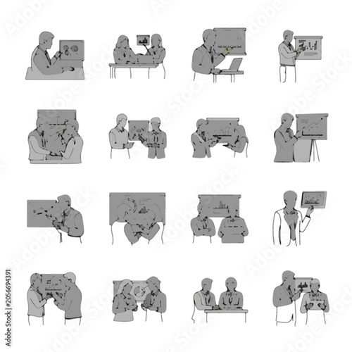 Office workers using technology in various settings.