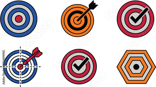 Business target and archery icon set with bullseye hit arrow checkmark success goal achievement and strategy vector elements