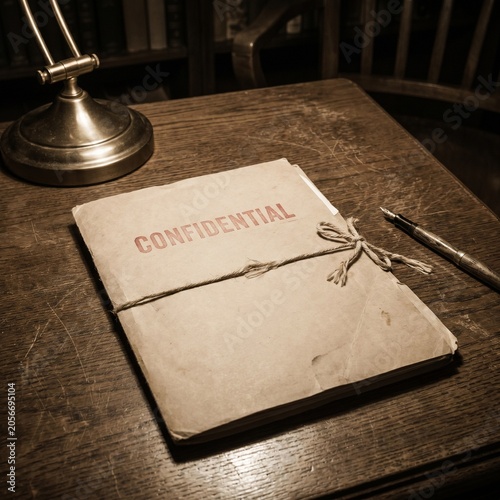 Vintage confidential file folder on dark wooden desk