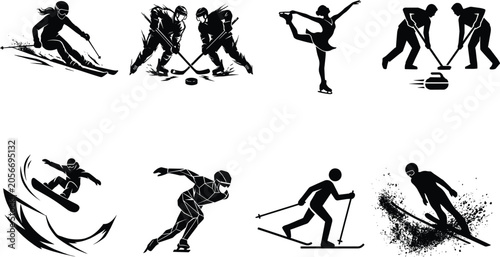 Bild auf Leinwand Winter Sports Vector Silhouette Icon Set Featuring Skiing Ice Hockey Figure Skat