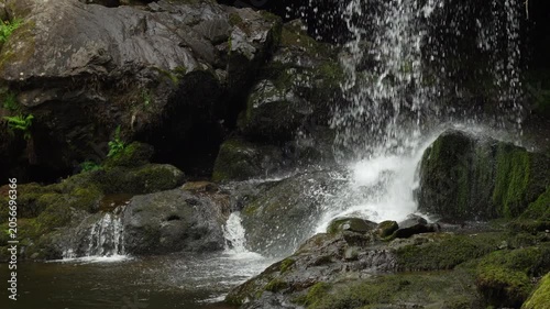 Waterfall Splashing onto Wet Mossy Rocks Base Close Up