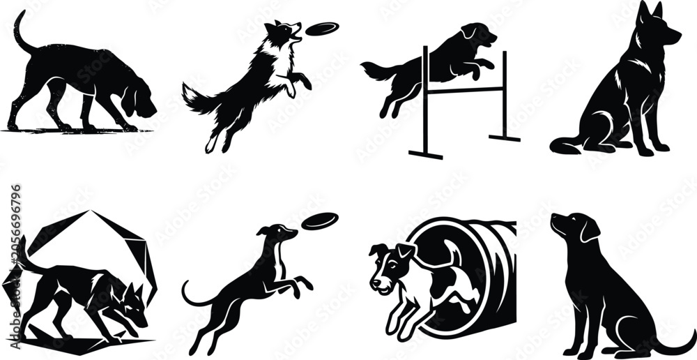 Obraz premium Black Silhouette Icons of Dogs in Agility Training, Play, Obedience, and Active Poses