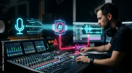 Man operates audio mixing console with Ai agent workflow graphics