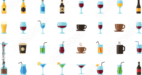 Photos Alcohol Drinks and Cocktails Icon Set Featuring Beer Bottles, Wine Glasses, Cham