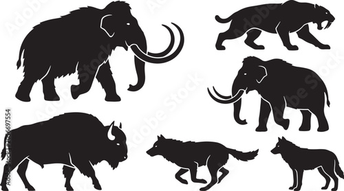Quadro su tela Prehistoric Mammal Silhouettes: Mammoth, Saber-Toothed Cat, Bison, and Wolf Vect