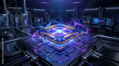Advanced central processing unit chip glowing with blue and purple light energy inside a tech laboratory server environment