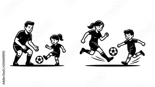 Vector illustration of family playing soccer with father teaching daughter and mother running with son kicking football