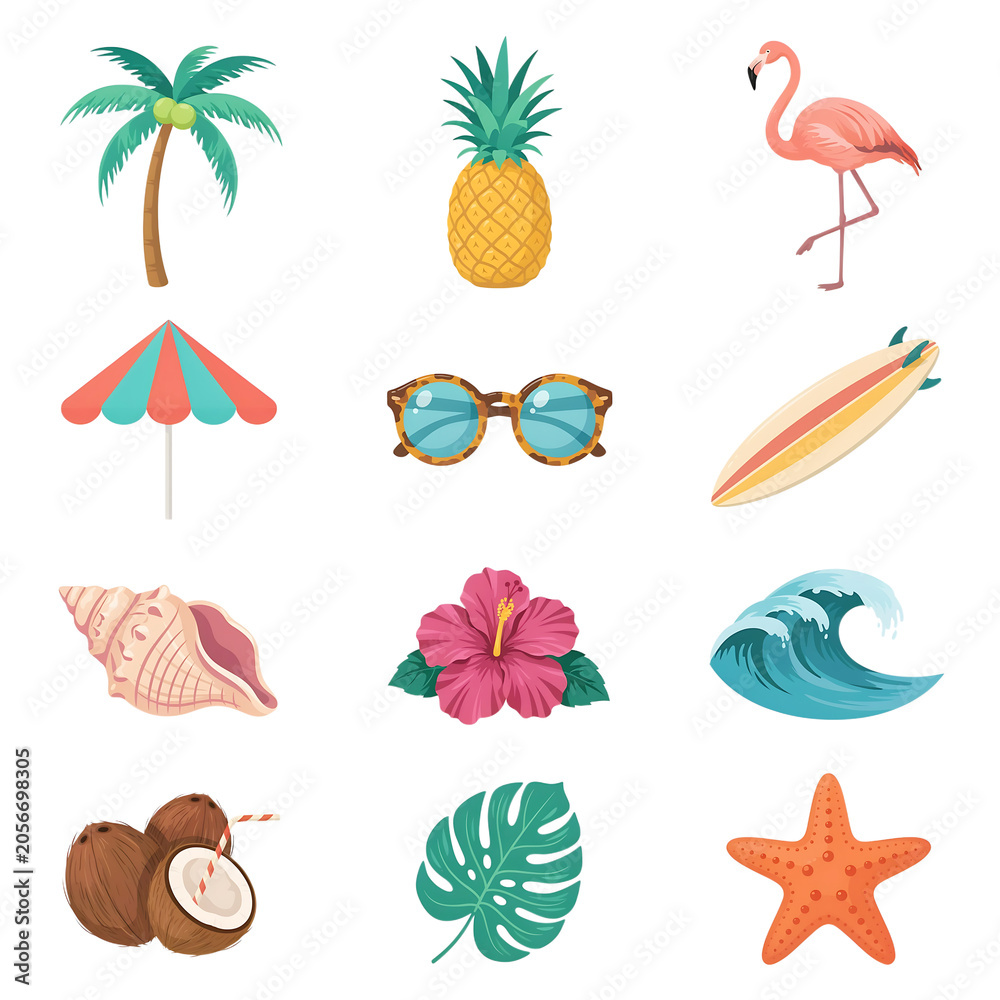 Obraz premium Summer beach vacation icons set isolated on transparent background