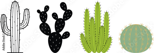 Bilde på lerret Cactus and succulent vector set featuring saguaro outline prickly pear silhouett