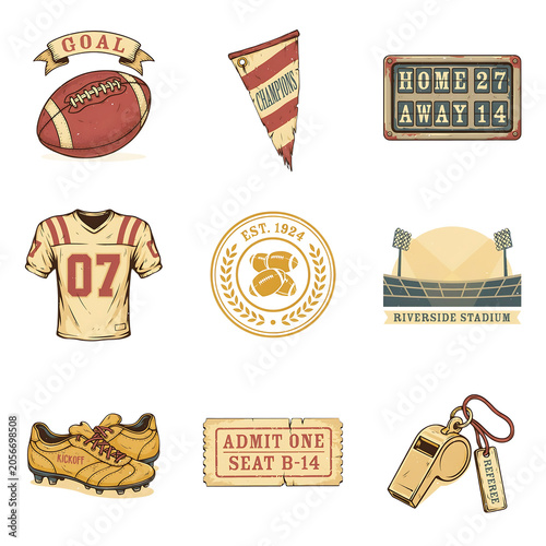 Vintage american football icon set isolated on transparent background