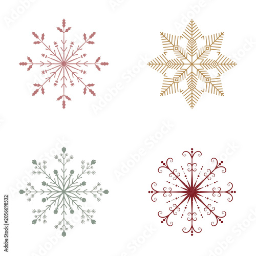 Set of four decorative snowflakes isolated on transparent background