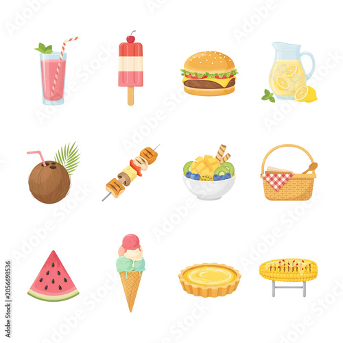 Summer food and drink icons set isolated on transparent background