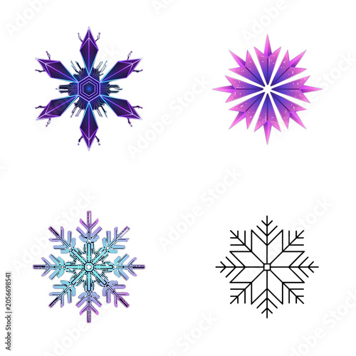 Set of futuristic digital snowflakes isolated on transparent background