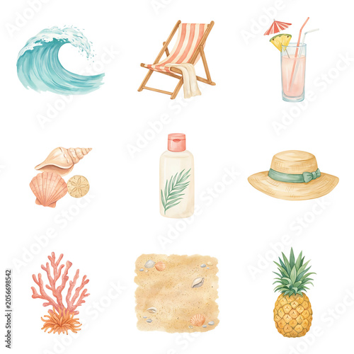 Watercolor summer beach vacation elements set isolated on transparent background