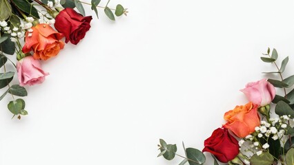 Red, orange, and pink rose floral border on white background