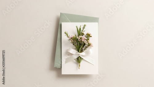 White greeting card with waxflower bouquet and sage green envelope