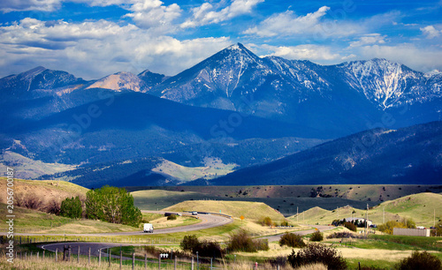 Cattle ranch country in central Montana near Livingston with mountains in the background