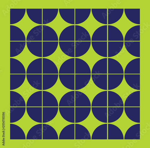 Patrón geométrico repetitivo de círculos divididos en azul oscuro sobre fondo verde lima