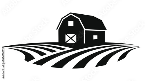 Bild auf Leinwand Minimalist Autumn Barn Silhouette with Rural Farm Fields